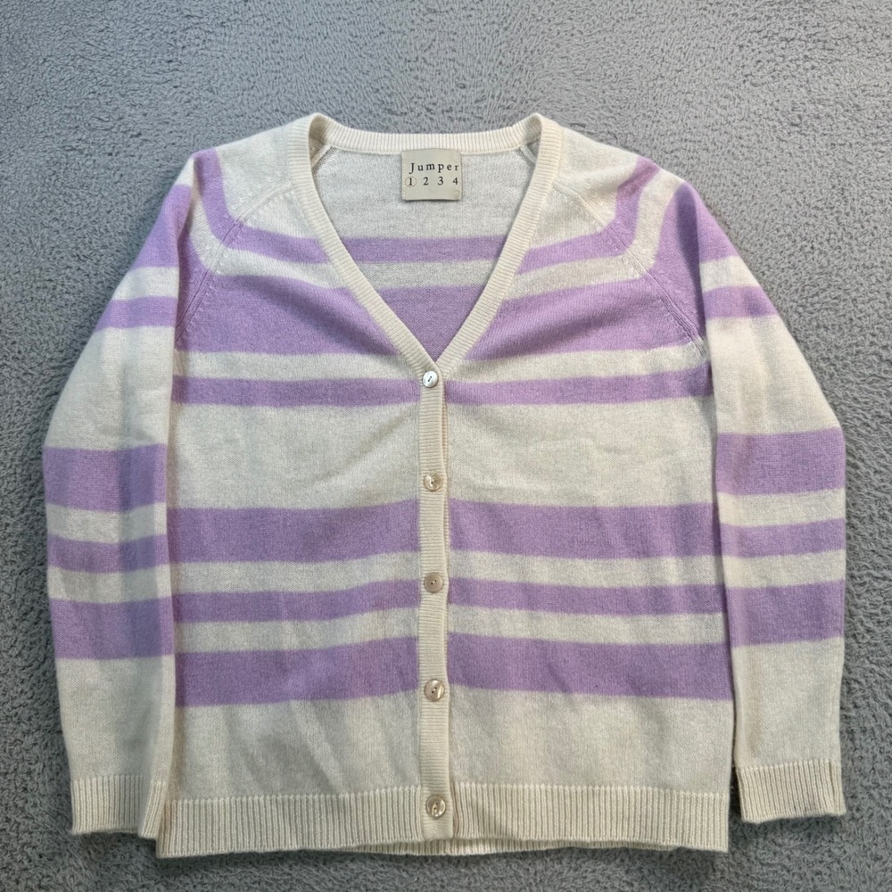 Jumper 1234 Womens 100% Cashmere Striped V-Neck Cardigan Purple Cream Size 1